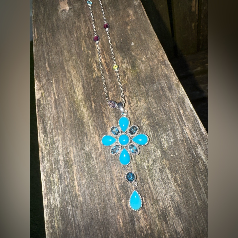 SOUTHWESTERN NAVAJO STERLING TURQUOISE MUTLI-GEMSTONES PENDANT NECKLACE‎ BOHO